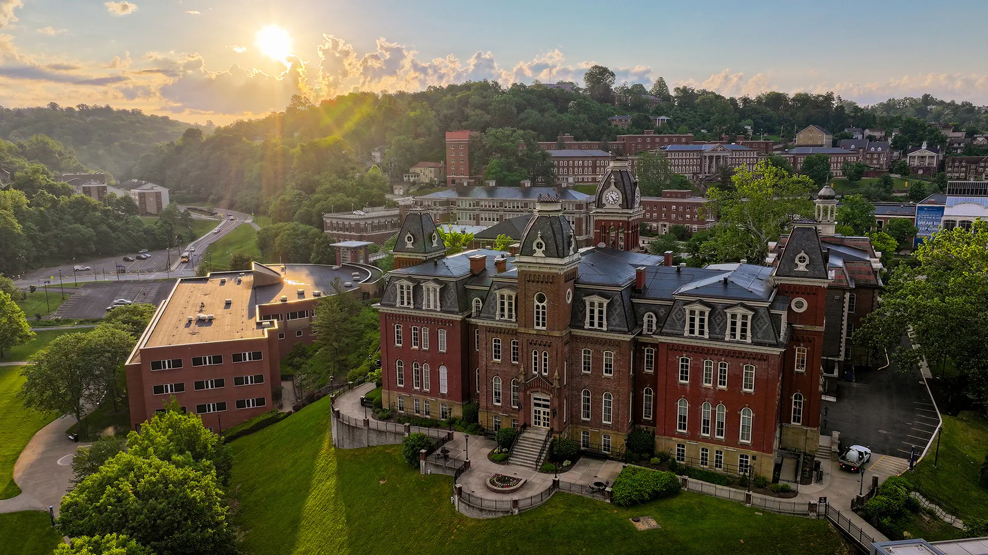 Aerial view of Woodburn Hall at dawn