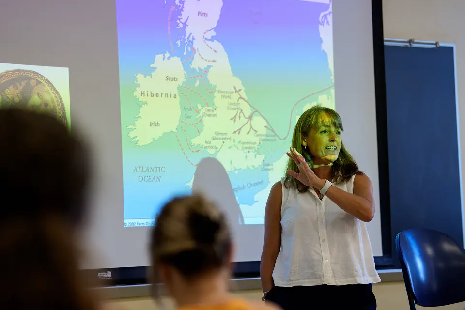 Professor Kate Staples teaches a history class in Woodburn Hall at WVU