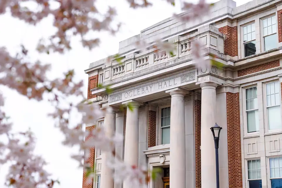 Front of Oglebay Hall in spring