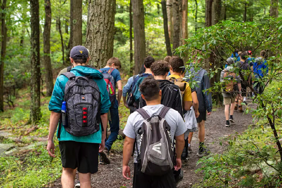 Group of people with backpacks walk on forest trail.
