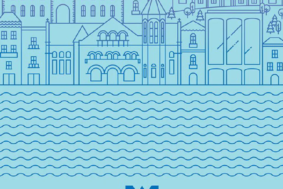 Outline of campus skyline on light blue background