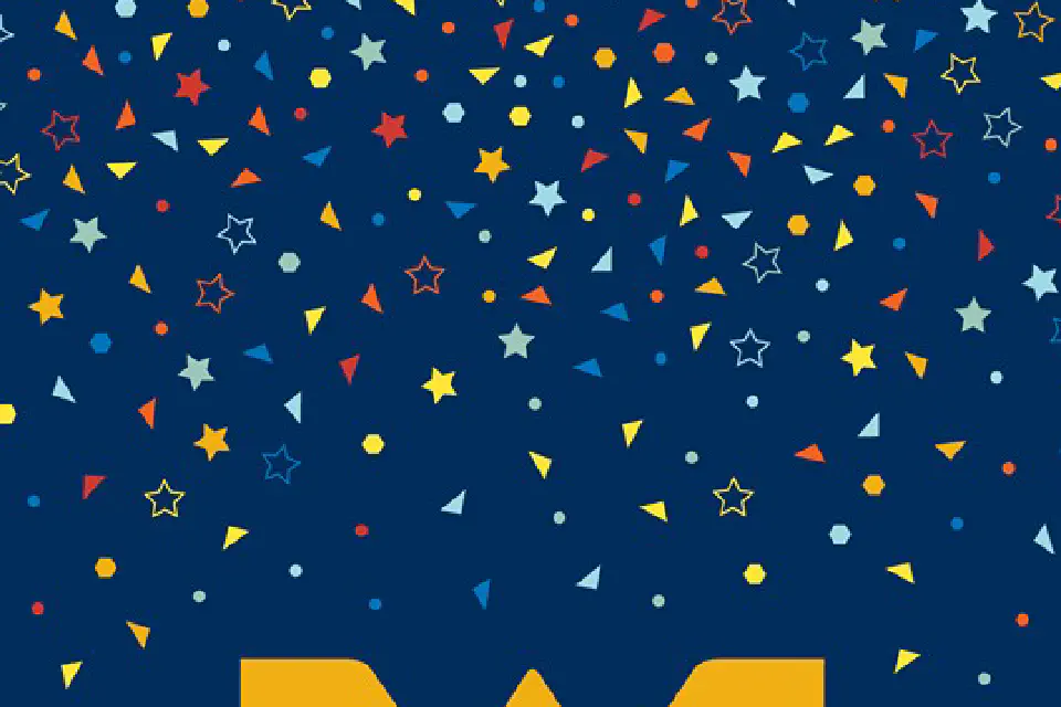 Gold flying WV on blue background with multi-color confetti