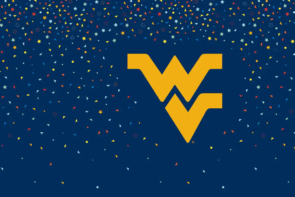 Gold flying WV on a blue background with multi-color confettie