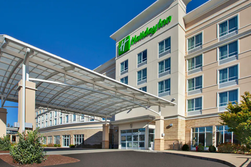 Entrance of a modern five-story hotel