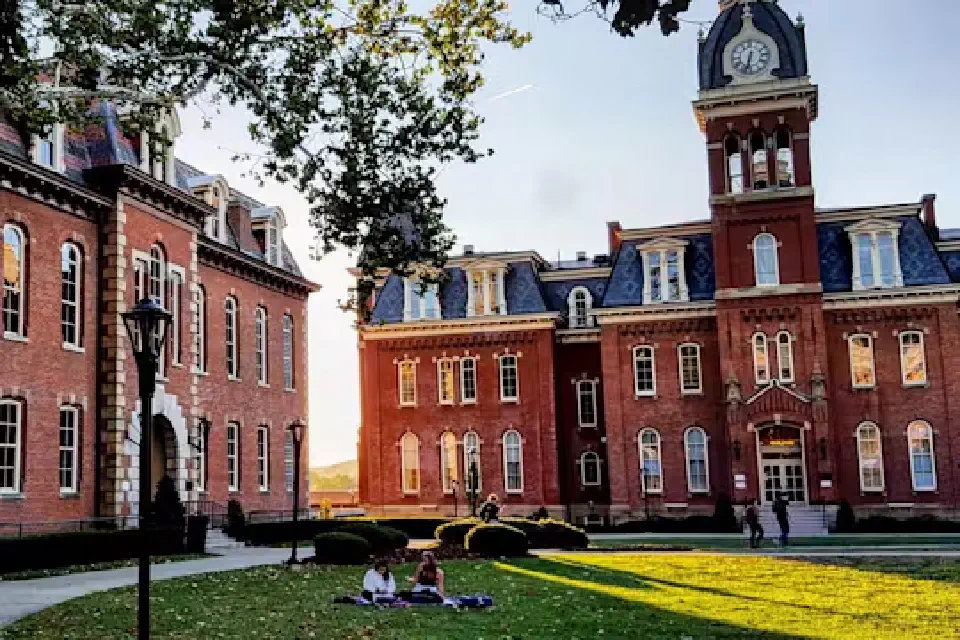 Students sit on Woodburn Circle in the summer sun.