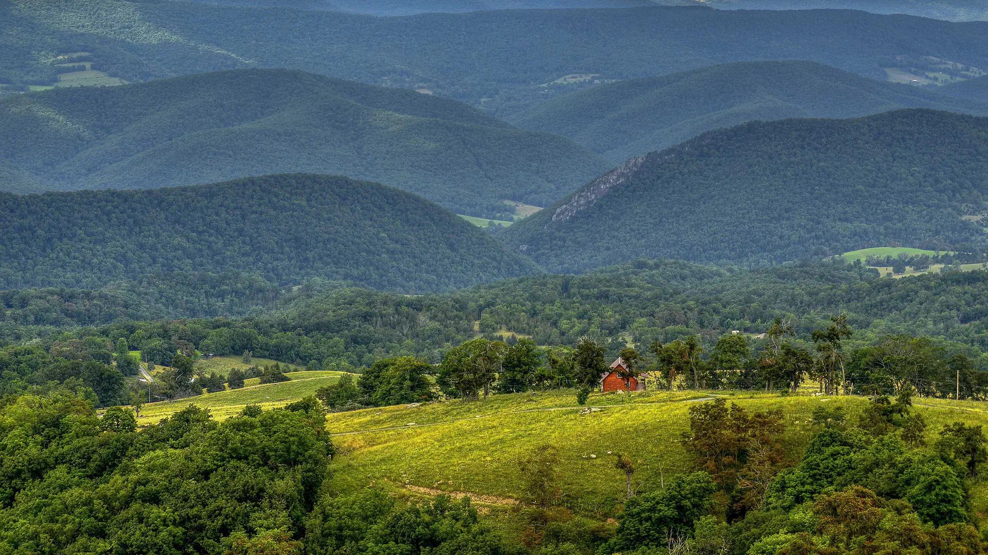 Panoramic view of Germany Valley, WV showing forested mountains and farmland.