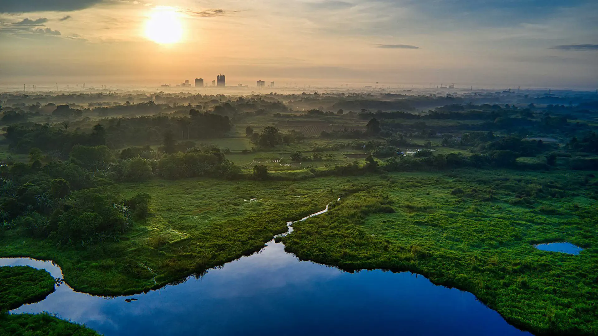 Winding river and green fields at sunset