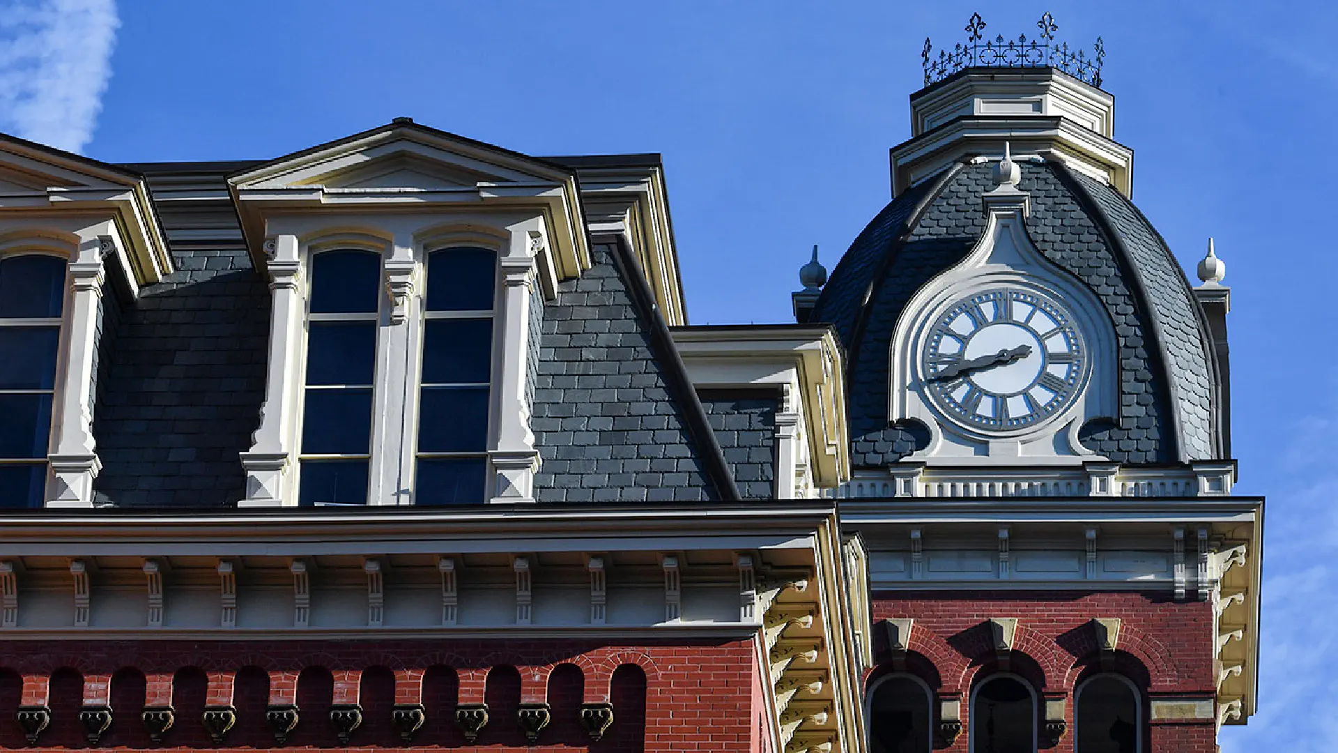 Roofline and clock tower of Woodburn Hall