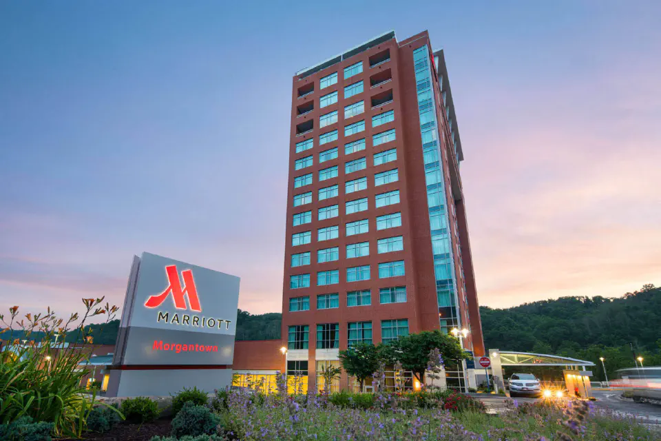 14-story modern building in Morgantown's Wharf district