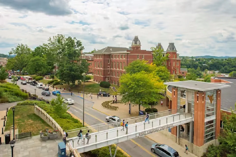 Pedestrian walkway over University Avenue and downtown area of campus