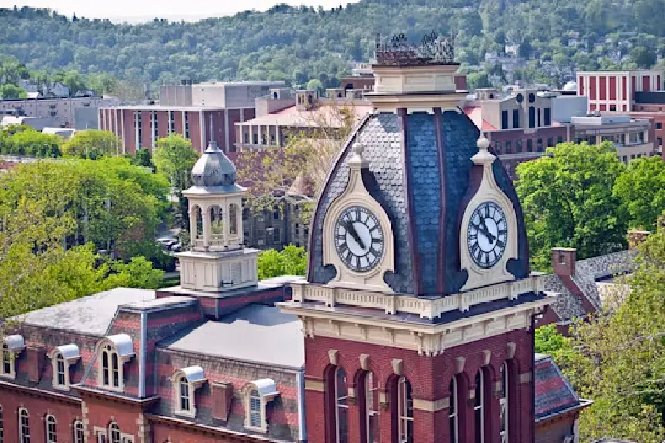 Aerial view of Woodburn Hall tower, Martin Hall and Downtown